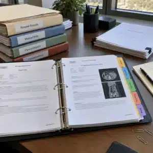 An open trial notebook displays organized medical records, diagnostic images, and labeled divider tabs, with bates numbering helping keep case documents organized and easy to reference.