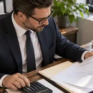 A legal professional reviews paperwork and uses a calculator at his desk to assess process serving expenses, including potential costs associated with skip tracing services.