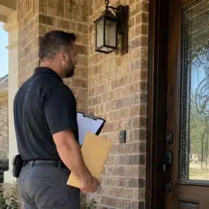 professional process server stands outside a residential home holding legal documents and a clipboard, preparing to serve papers after skip tracing services help identify a possible address.